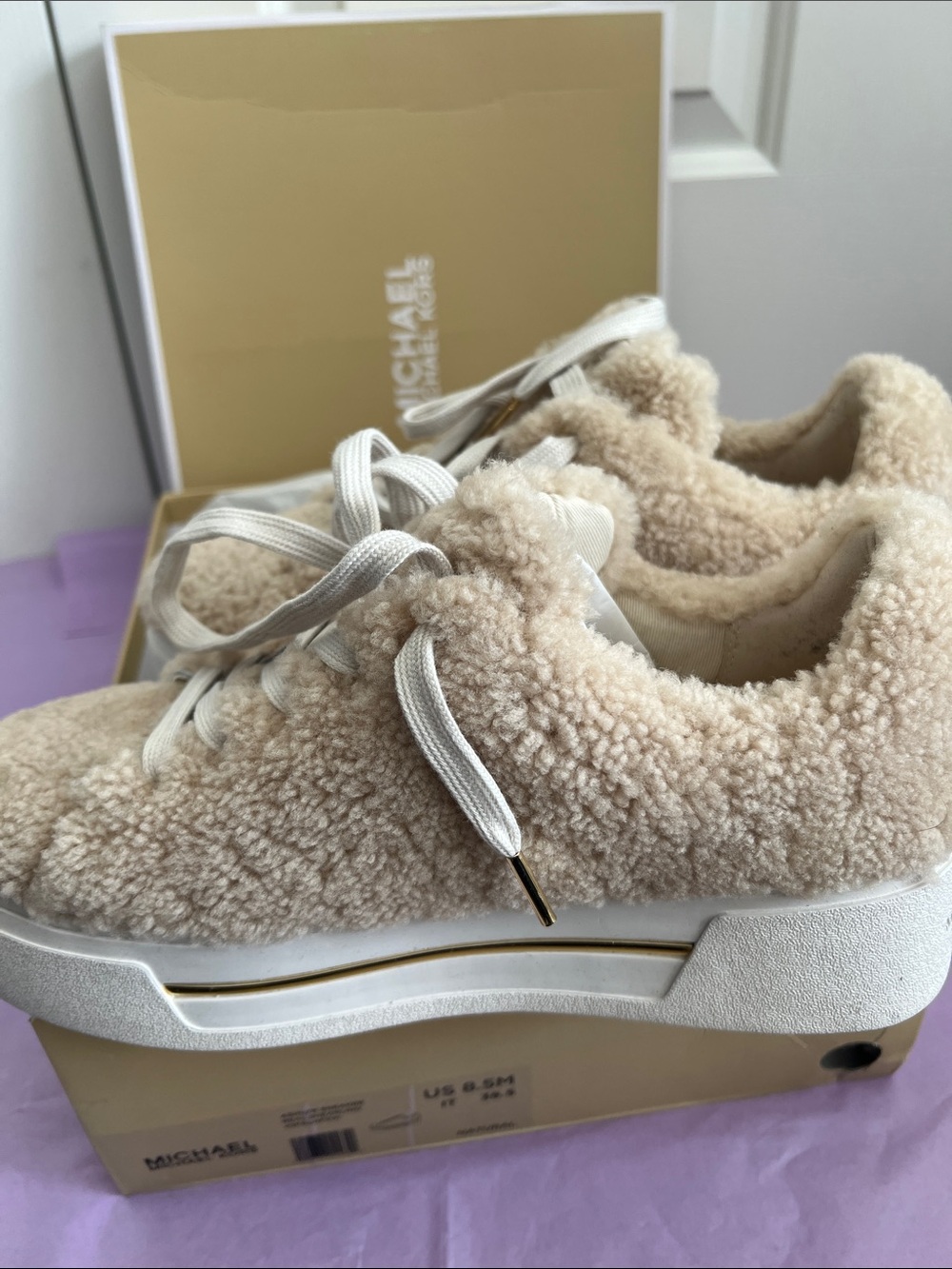 Michael Kors Women's Ashlyn real shearling sneakers US W 8.5 Natural